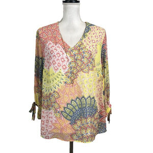 JM Collection Blouse Tunic size Large Pink Yellow Paisley Sheer Necklace Peasant